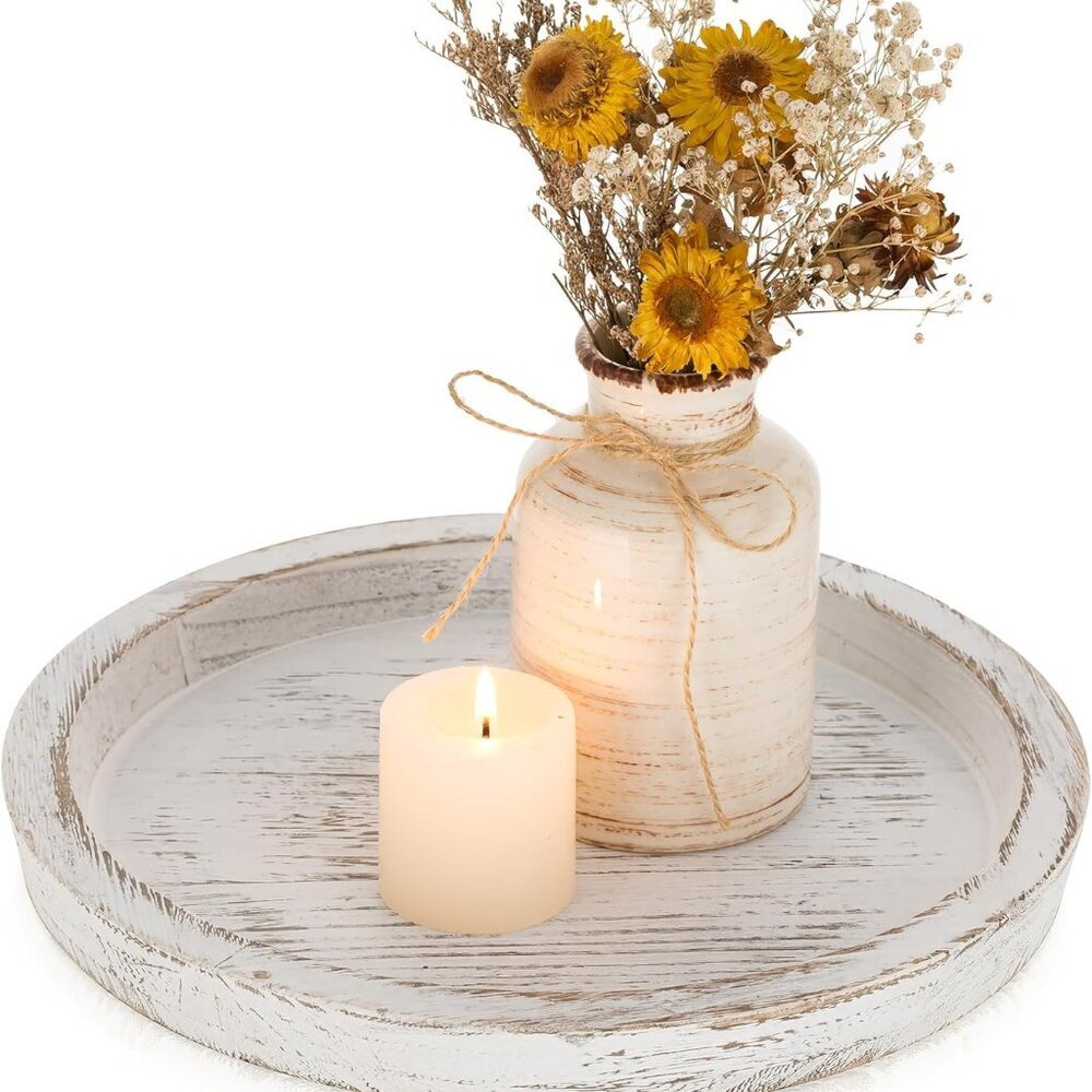 Rustic Wooden Tray Candle Holder - Round Wood Decorative Pillar Candle Tray for